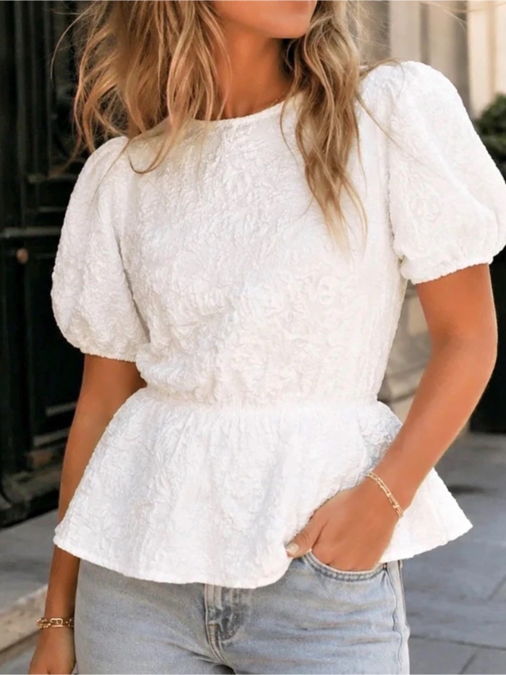 Textured Puff Sleeve Peplum Top White Floral